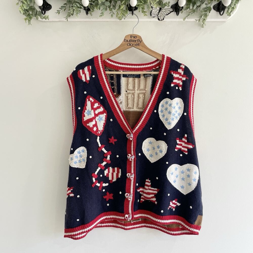 Vintage Eagle Eye Collectible Flag Red, White, Blue Knit 90s Sweater Vest Size2X